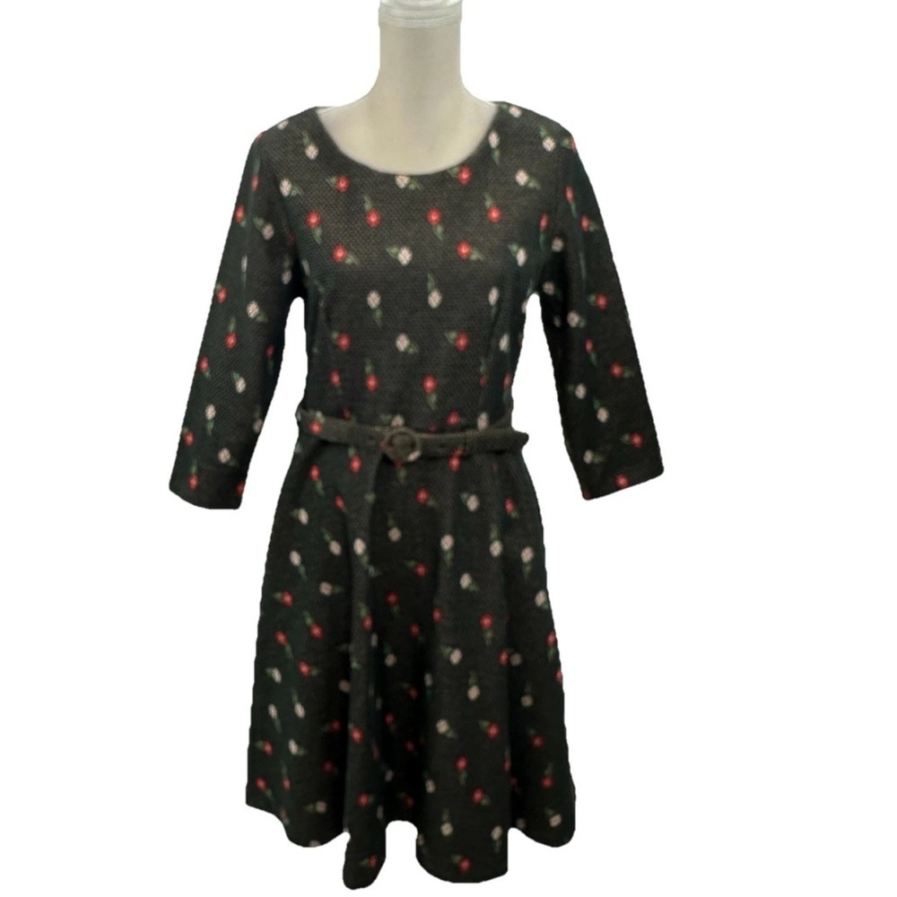 Louie Lucie Two Play Belted Dress Womens Large Fit Flare Floral Stretch Casual